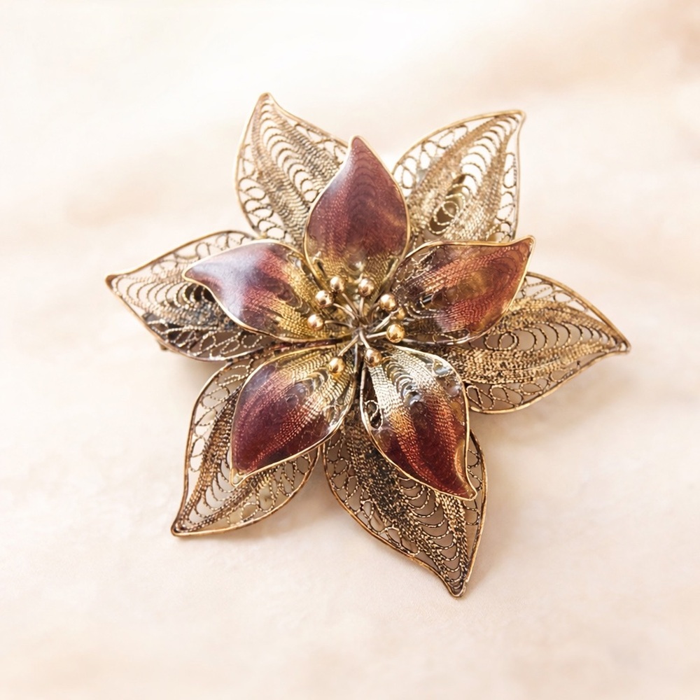 Vintage Sterling Cannetille Plique A Jour Flower Brooch Vermeil Made in Italy